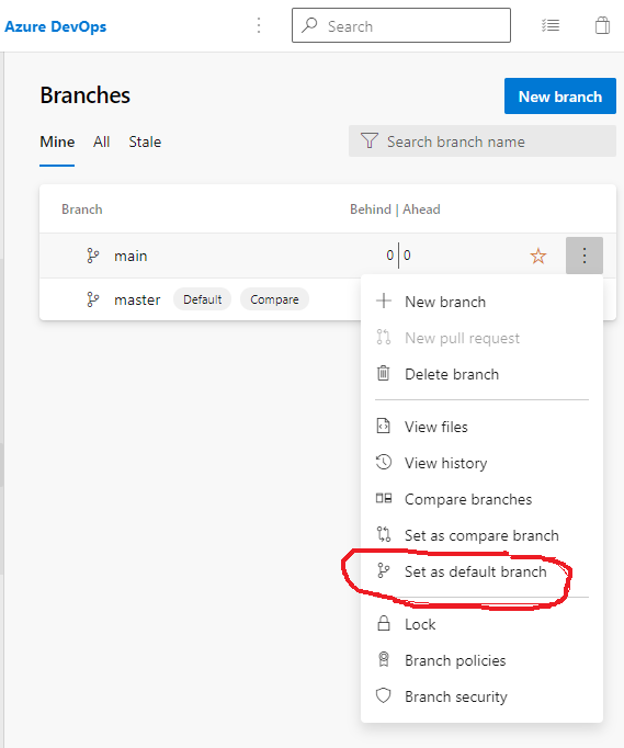 Azure DevOps Set Default Branch
